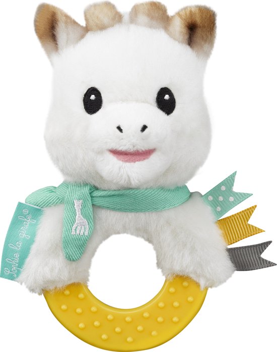 Sophie de giraf Bijtrammelaar - 2-in-1 Rammelaar & Bijtring - Baby speelgoed - Kraamcadeau - Babyshower cadeau - Vanaf 3 maanden - 13x7x6 cm - Pluche/Rubber - Geel/Wit/Turquoise van Sophie de Giraf.