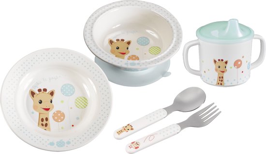 Sophie de giraf Maaltijdset - Kinder servies - Kinderbord - Drinkbeker - Kom - Kinder bestek - Vaatwasser bestendig - Vanaf 6 maanden - 5-Delig - Beige/Blauw van Sophie de giraf