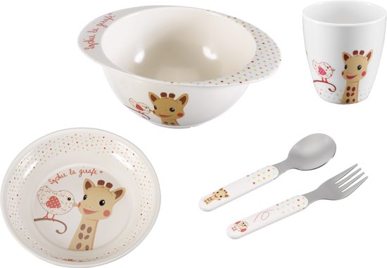 Sophie de giraf Maaltijdset - Kinder servies - Kinderbord - Drinkbeker - Kom - Kinder bestek - Vaatwasser bestendig - Vanaf 6 maanden - 5-Delig - Beige/Rood van Sophie de Giraf.