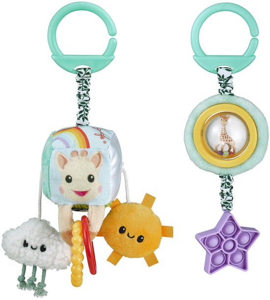 Sophie de Giraf Set van 2 Activiteitenspeeltjes – Zintuiglijke Hangspeeltjes met Spiegel, Trekspeeltje, Getextureerde Ringen & Sensorische Pop‑it Ster – Baby Ontwikkeling & Motoriek Speelset - vanaf 0 maanden