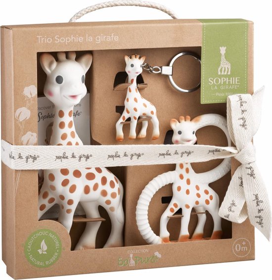 Sophie de giraf So'Pure Trio - Cadeauset - Bijtspeelgoed - Babyspeelgoed - 100% Natuurrubber - 3-Delig - Kraamcadeau - Babyshower cadeau - In gerecyled geschenkdoosje met organic katoenen strikje van Sophie de Giraf.