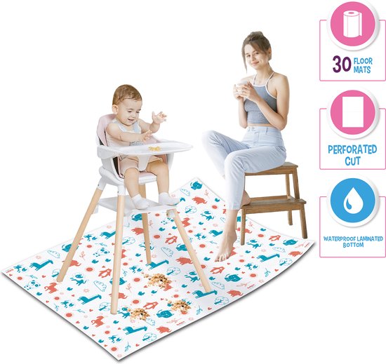 Spatmat voor kinderen op een Rol - waterdicht - waterproof - kleed Onder de Kinderstoel - 100x120 Wegwerp Vloermat Onder Kinderstoel - Baby - Maaltijd-Picknick-Knutselen - Kinderdagverblijf - School - tafelkleed - Dieren Motief - 30 stuks van Merkloos