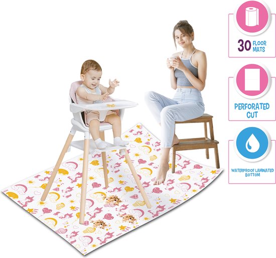 Spatmat voor kinderen op een Rol - waterdicht - waterproof - kleed Onder de Kinderstoel - 100x120 Wegwerp Vloermat Onder Kinderstoel - Baby - Maaltijd-Picknick-Knutselen - Kinderdagverblijf - School - tafelkleed - Eenhoorn Motief - 30 stuks van Merkloos