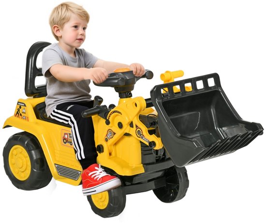 Speel Graafmachine voor Kinderen - Rijtractor met Opbergbox, Beweegbare Schop & Claxon – Loopgraafmachine voor Zandbak & Tuin (Geel/Zwart) van Merkloos