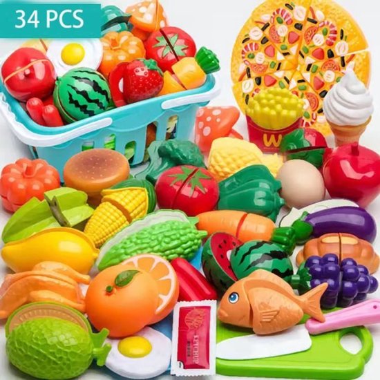 Speelgoed Keuken - 34 pcs Keukenspeelgoed - Kinderkeukengerei Dinette Voedsel Groenten en fruit Snijspeelgoed, kookspelaccessoires - Speelkeukentje voor kinderen vanaf 3 jaar van Merkloos
