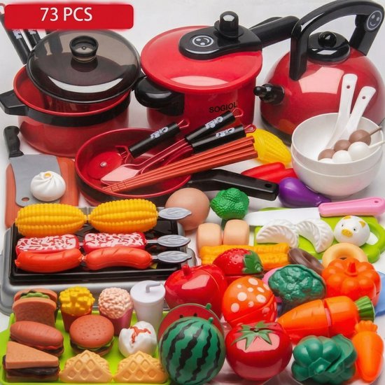 Speelgoed Keuken - 73 pcs Keukenspeelgoed - Delige Speelkeuken Accessoires Set - XXL Keukenspeelgoed - Inclusief Inductiekookplaat, Pannen, Snijfruit & BBQ - Educatief Kinderkeuken Speelgoed - Cadeau voor 3 Jaar van Merkloos