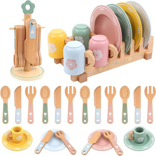 Speelgoed Theeset voor Kinderen - Houten Keukenaccessoires met Koppetjes, Borden en Kleurrijk Servies voor Jongens en Meisjes vanaf 3 Jaar - Perfect voor Verjaardag en Kerstmis