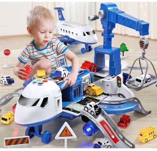 Speelgoed Vliegtuig - Transportvliegtuig - Transportvliegtuig met baan - LED Verlichting en Geluid + 6 Bouwvoertuigen - Blauw van Merkloos