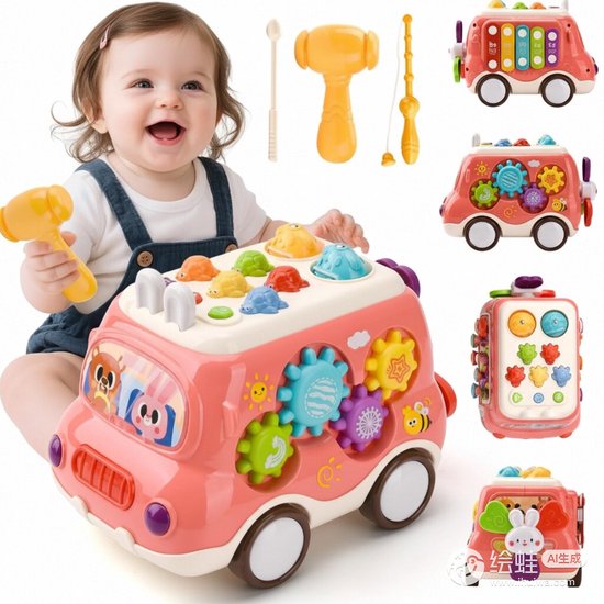 Speelgoed voor 1 Jaar, Montessori Muzikale Speelgoedbus met Xylofoon en Hamerspel, Educatief Baby Speelgoed voor Jongens en Meisjes 1-2 Jaar, Cadeau (roze) van Merkloos
