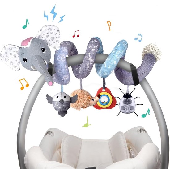 Speelgoed voor in de autostoel voor in de wieg - Baby 0-3-6-9-12 maanden - Hangende sensorische speeltjes voor op de buik - Pasgeborene met muziekdoos en bijtring - Speelgoed voor in de autostoel met spiraal - Cadeaus voor jongens en meisjes