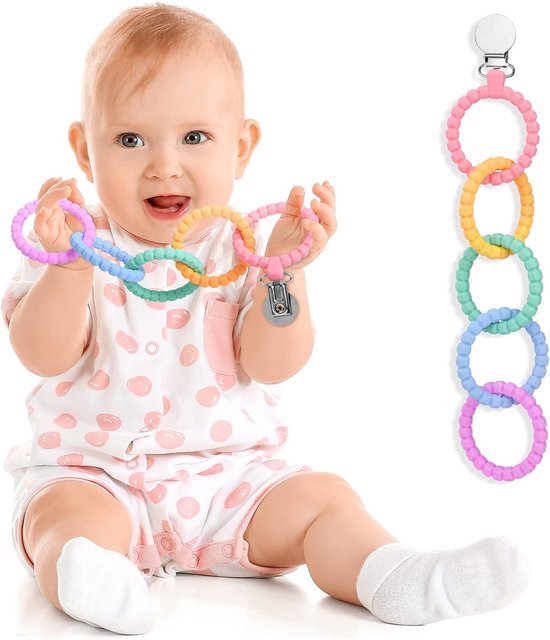 Speelgoed voor in de kinderwagen, siliconen bijtring, speciaal ontworpen voor kinderwagens, 5 ringen, BPA-vrij, voor baby's om te oefenen met grijpen en trekken.