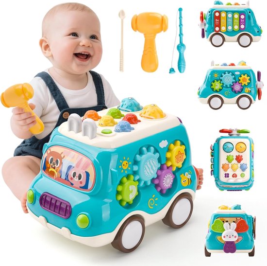 Speelgoed voor jongens van 1 jaar, Montessori speelgoedauto met xylofoon voor kinderen, muzikaal speelgoed voor baby's, Montessori educatief speelgoed en spellen voor 1-2 jaar, cadeau voor een babyjongen of meisje (blauw) van Merkloos