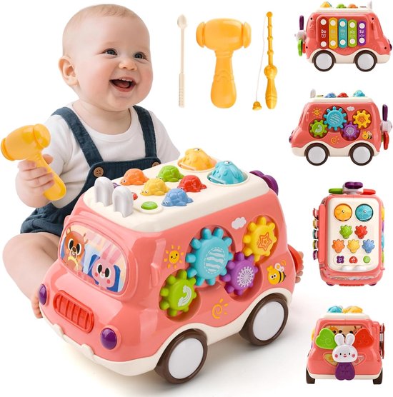 Speelgoed voor jongens van 1 jaar, Montessori speelgoedauto met xylofoon voor kinderen, muzikaal speelgoed voor baby's, Montessori educatieve speelgoedspellen voor 1-2 jaar, cadeau voor babyjongens en meisjes (roze) van OBOSOE