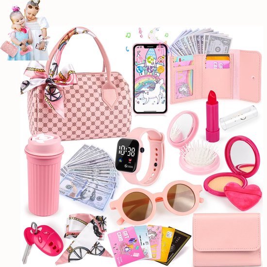 Speelgoedtasje voor kleine meisjes - 31-delige kindertas met prinsessenspeelgoed, inclusief handtas, camera, telefoon, portemonnee, sleutel. Een leuk verjaardagscadeau voor peuters van 3, 4, 5 en 6 jaar.