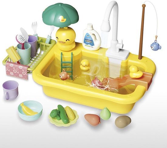 Speelgootsteen - met stromend water - Keukenspeelgoed met kraan - Speeleten en keukenaccessoires - Drijvend visspeelgoed voor peuters, fantasiespel afwasmachine voor kinderen - geel van Merkloos