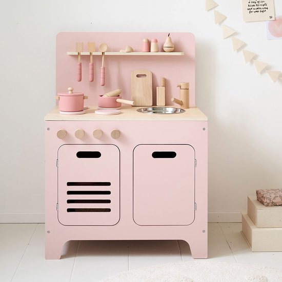 Speelkeuken Hout Roze- Kinderkeuken inc. 13 speelgoed keukenaccessoires - Roze van Cozy Cott.