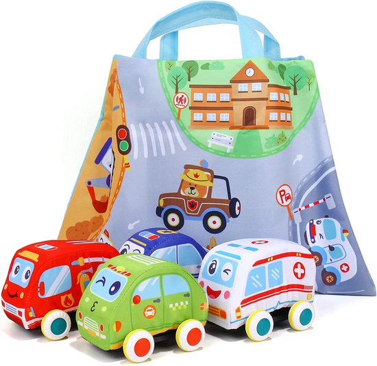 Speelmat Auto's Met Opbergtas - 4 Houten Voertuigen - Speelkleed Auto - Educatief Speelgoed - Cadeau Jongens En Meisjes Vanaf 1 Jaar