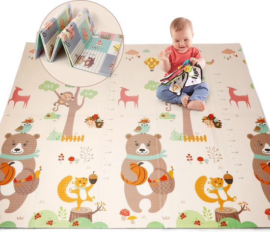 Speelmat Baby Kinderen - XPE-Antislip en Waterafstotend - Kruipmat - Dubbelzijdig Speelkleed - XL - Opvouwbaar - 1CM Dik - Foam - Panda & Hertje - 180 x 200 CM - kampeermat van Merkloos