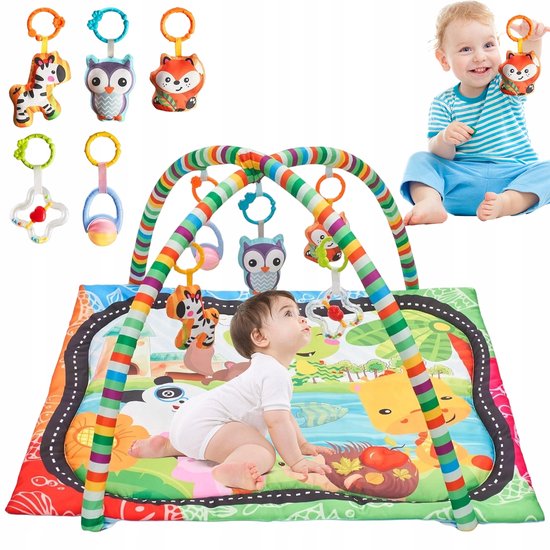 Speelmat Baby - Kruipmat met boog - 5 hangende speeltjes - 90x83 cm - Extra Dik 2 cm - opvouwbaar - sensorisch speelgoed - voor baby en peuter