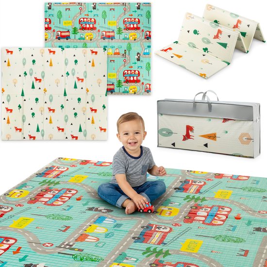 Speelmat Baby Opvouwbaar - Speelkleed Baby - Vloerkleed Baby - Speelmat Foam - Dubbelzijdig - 200x180x1 cm - Dubbelzijdig - Inclusief Opbergtas - Auto's van Merkloos