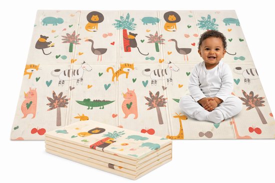 Speelmat Baby, Peuter & Kind 150x200 cm – Extra Dik Speelkleed – Voor Binnen & Buiten – Foam Kruipmat – Dubbelzijdig Opvouwbaar – Inclusief Opbergtas – Zacht & Veilig - Opvouwbare speelmat Safari & Dierenmix van Merkloos