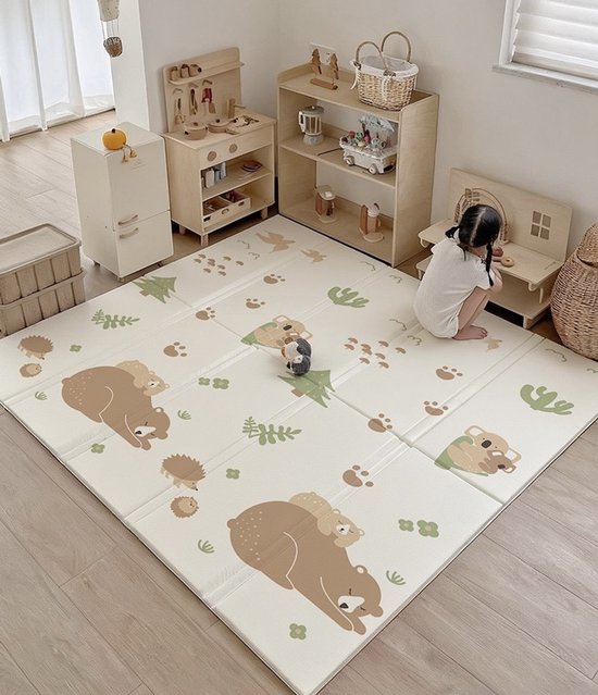Speelmat Baby XL 200x180 cm – 2 cm Dik – Dubbelzijdig (Berenfeest & Racebaan) – Opvouwbare XPE Foam Speelmat – Veilig, Waterdicht & Antislip – Baby Vloermat van Merkloos