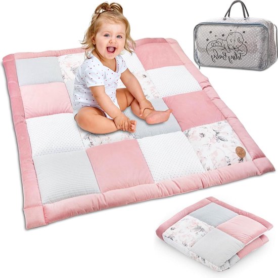 Speelmat Fluwelen speelkleed 120x120 cm - patchwork boxinzet Katoen met fluweel en wafelpiqué Wilde roos - Babykruipmat van Koeka