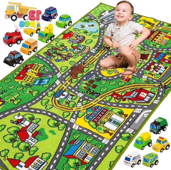 Speelmat met 12 auto's terugtrekvoertuig set - speelkamer tapijt stad - kinderen vanaf 3 jaar van Merkloos