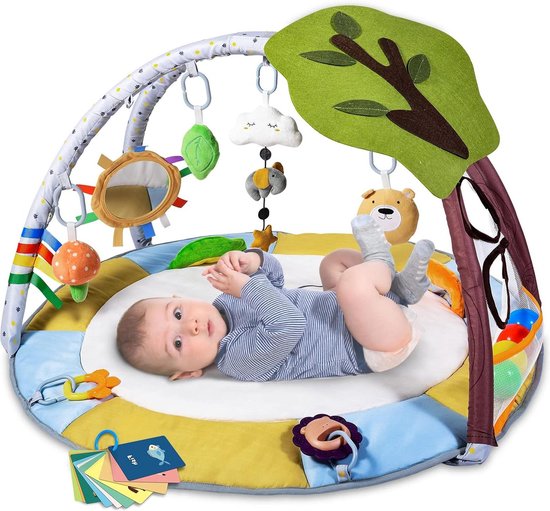 Speelmat met verwisselbare hoezen en afneembare speelboog - belevenisdeken voor baby's - antislip gymspeelmat met speelgoed van Lalaloom