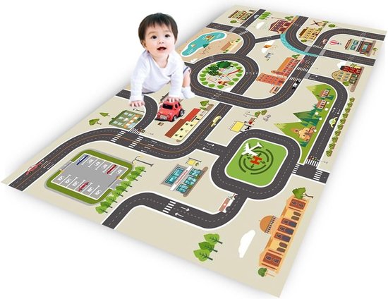 Speelmat Street Car Blauw Groen Grijs Antislip Automat voor kinderkamer - Stadsleven Thema - 80 x 120 cm van Sassolini.