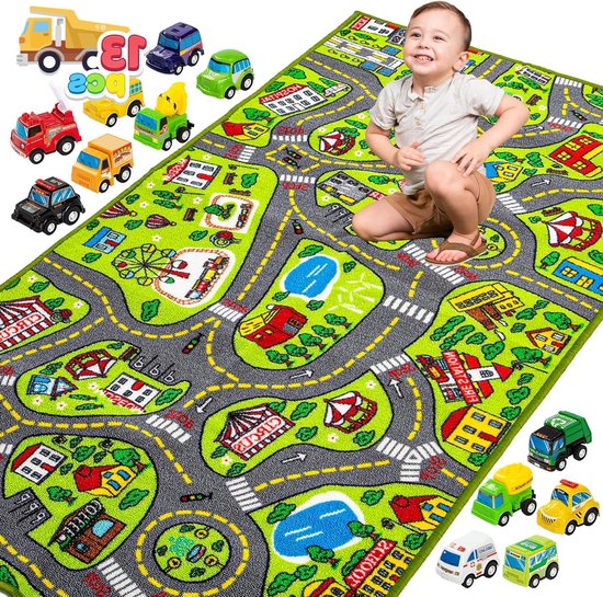 Speelmat Vloerkleed 80 x 150 cm met 12 mini-autospeelgoed - kinderen vanaf 3 jaar - straat kindertapijt - jongens meisjes - slaapkamer speelkamer van Playfun