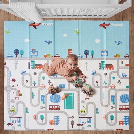 Speelmat XXL vloermat van schuim opvouwbaar omkeerbaar - waterdicht kruipmat voor kinderen (Stad/Sterren) van RIJER
