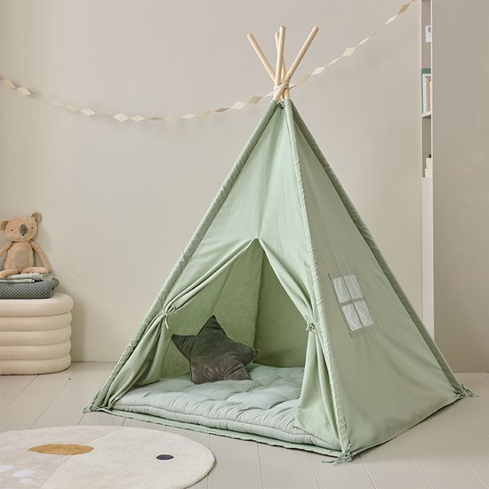 Speeltent Groen - Wigwam met dunne Vloerbodem - Tipi voor Kinderen 100 % Katoen - Creëer een Magische Speelplek van Cabino