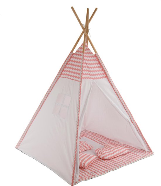 Speeltent - Tipi Tent - Met Grondkleed & Kussens - Speelhuisje - Tent voor kinderen - Roze-Wit van Merkloos