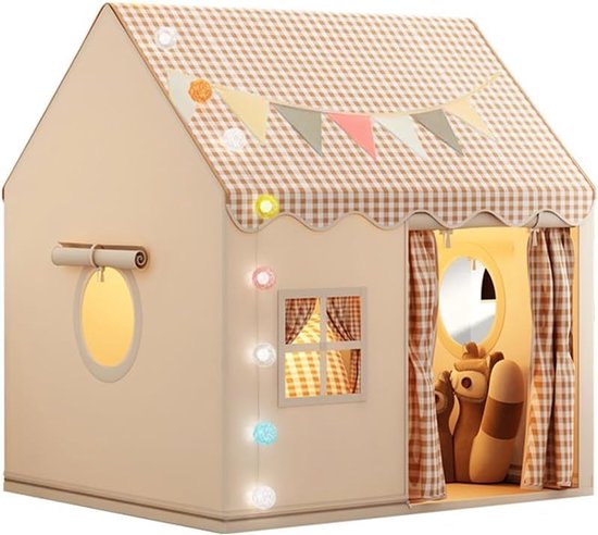 Speeltent voor Binnen - Kinderspeelhuisje voor Binnen - Bedtent, Prinsessentent met Ramen - Kinderspeelhuisje, Gezellige Hoekdecoratie voor de Kinderkamer (Khaki) van Merkloos
