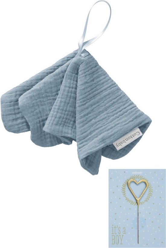 speendoekje blauw met wondercandle minikaart - geschenkset - speenkoord - kraammand - baby cadeauset - jongen - kraamcadeau - kraamkado - babyshower - gender reveal - cadeauset - newborn - blauw van Merkloos