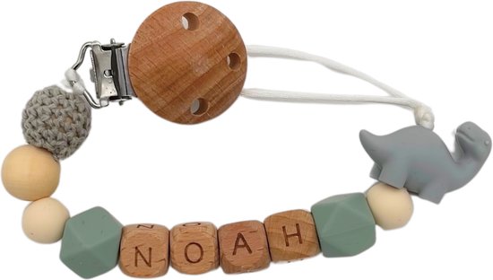 Speenkoord Dino met eigen naam Blauw van Merkloos