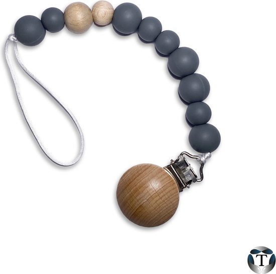 Speenkoord - Fopspeenkoord - Hulpmiddel Speen - Kralen - Grijs - Silicoon - Hout - Houten Clip - Babyshower - Kraamcadeau - Jongen & Meisje - Baby - Speen - Speenketting - TheOldOmen | van TheOldOmen