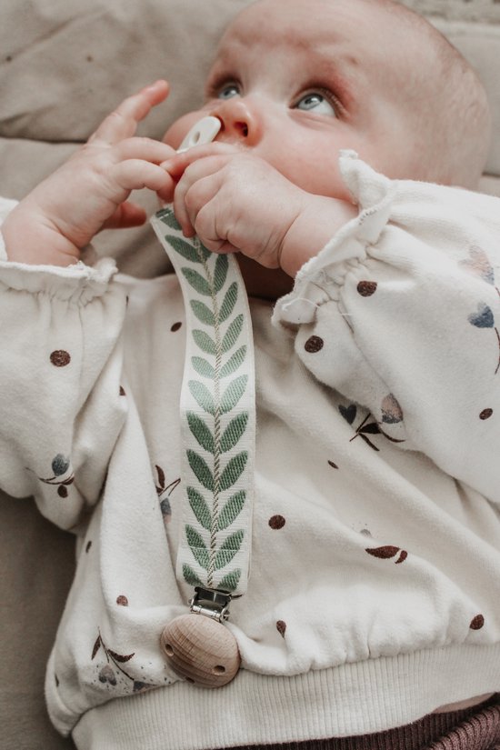 Speenkoord - katoen - Groen leaves - houten knop - fopspeen - accessoires baby - mommy musthaves - speenketting - baby - kraamcadeau - stof - speenkoord jongen - speenkoord meisje - speenkoord katoen