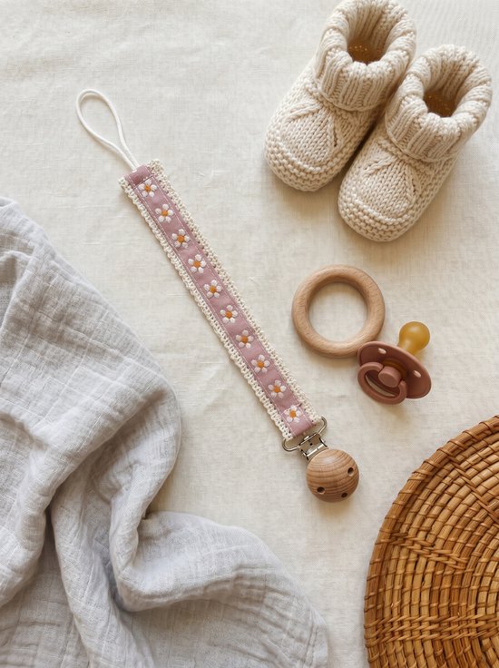 Speenkoord Katoen Madeliefjes | Roze Speenkoord met Houten Clip | Fopspeenhouder Baby | Speenketting | Kraamcadeau Meisje | Babyshower Cadeau