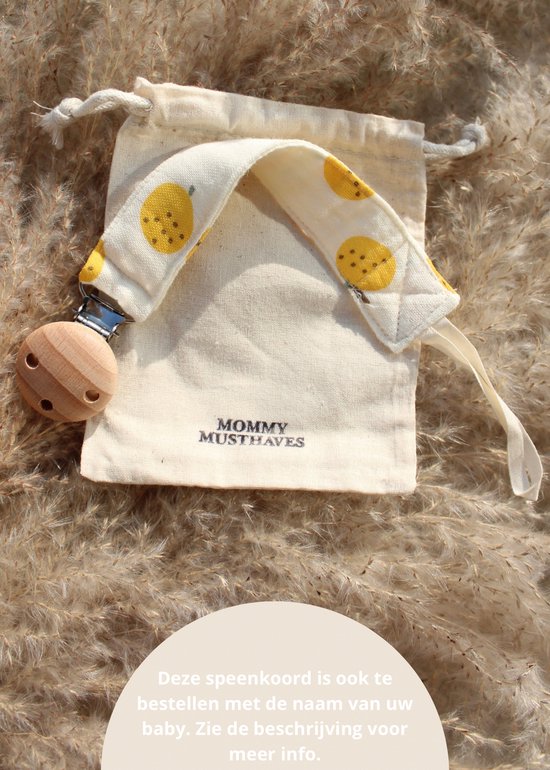 Speenkoord - katoen - Wit - Geel - Citroen - houten knop - speenketting - baby - kraamcadeau - stof - speenkoord - fopspeen - accessoires baby van Merkloos