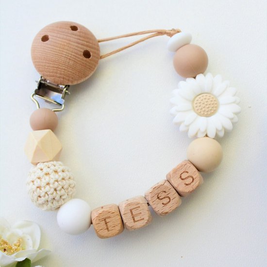 Speenkoord met Naam - BINNEN 24U VERZONDEN! - Beige Wit - Madelief - Gepersonaliseerd - Speenkoord clip - Unisex - Kraamcadeau - Speenketting met Naam - Speenclip - Babycadeau - Babyshower van Merkloos