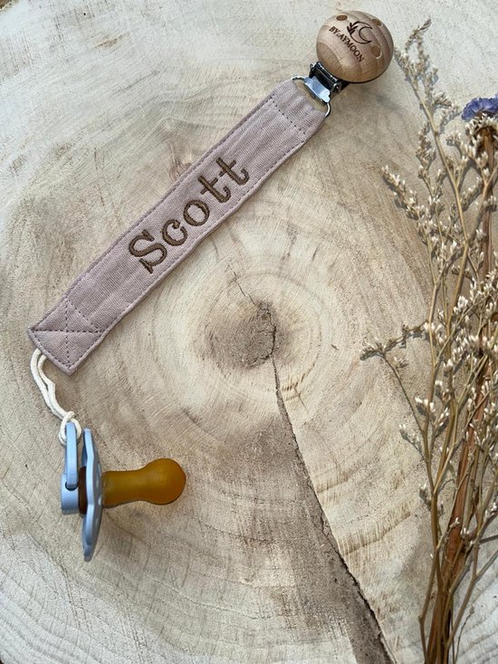 Speenkoord met naam geborduurd | Beige - Baby - Spenenketting - zes kleuren speenkoorden - veertig kleuren garen - Kraamcadeau - Baby cadeau van Merkloos
