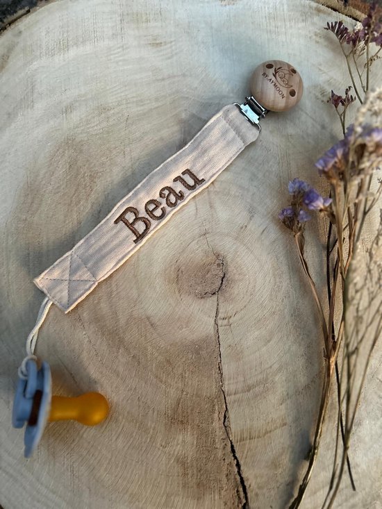 Speenkoord met naam geborduurd | crème speenkoord - Baby - Speenketting - Speenclip - Kraamcadeau - Babycadeau - Babyshower van Meyco