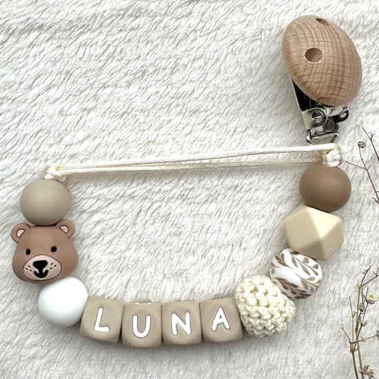 Speenkoord met naam | Gepersonaliseerd | Beer | Blaadjes | Kraamcadeau | Baby | Speenclip | Speenketting | Bebbes van Merkloos