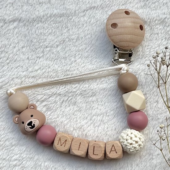 Speenkoord met naam | Gepersonaliseerd | Beer Donker roze | Kraamcadeau | Baby | Speenclip | Speenketting | Bebbes van Bebbes
