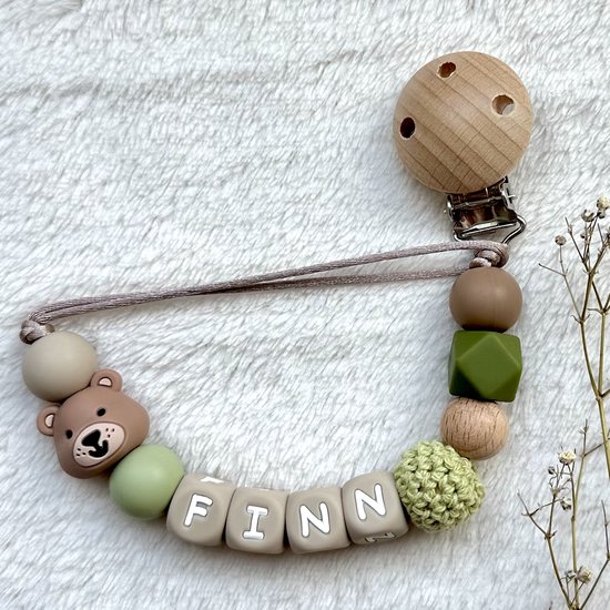 Speenkoord met naam | Gepersonaliseerd | Beer Groen | Kraamcadeau | Baby | Speenclip | Speenketting | Bebbes van Merkloos