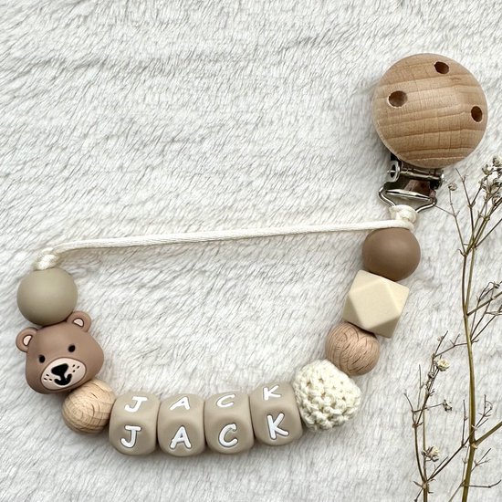 Speenkoord met naam | Gepersonaliseerd | Beer Taupe | Gender Neutraal | Kraamcadeau | Baby | Speenclip | Speenketting | Bebbes van Bebbes
