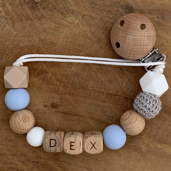 Speenkoord met naam | Gepersonaliseerd | Blauw - Hout | Kraamcadeau | Baby | Speenclip | Speenketting | Bebbes van Bebbes