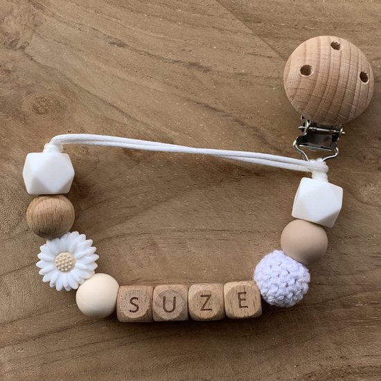 Speenkoord met naam | Gepersonaliseerd | Bloem - Hout | Kraamcadeau | Baby | Speenclip | Speenketting | Bebbes van Bebbes